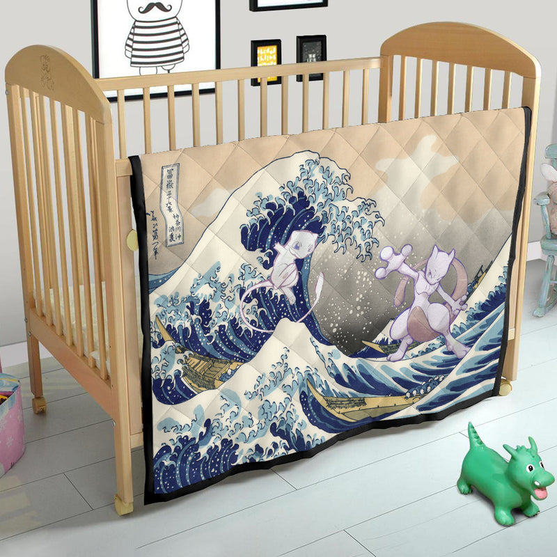 Mewtwo Vs Mew Pokemon The Great Wave Quilt Blanket