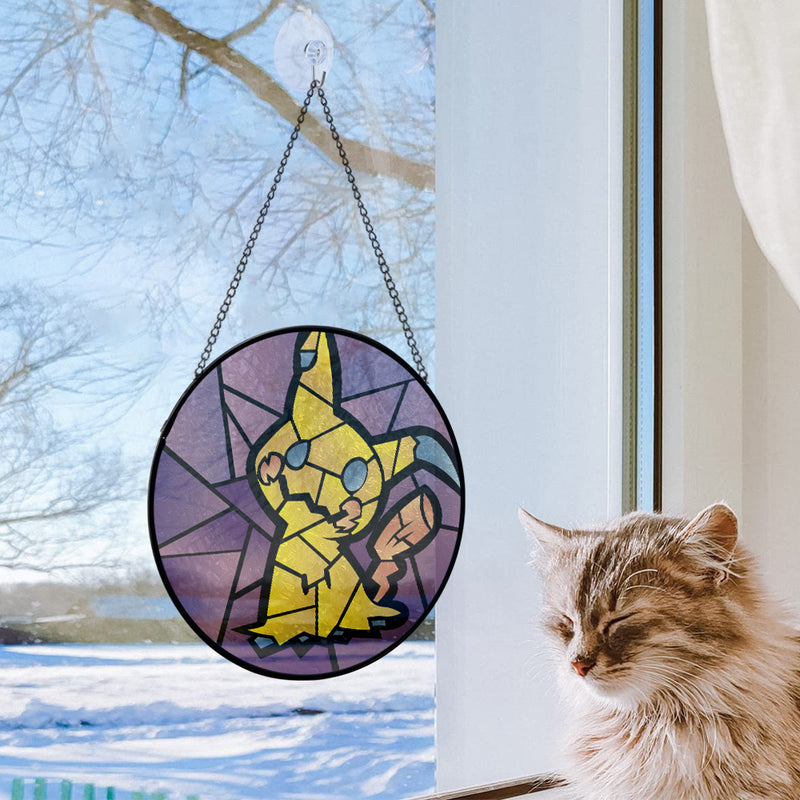Camper Van Stained Glass Suncatcher – Mountain Sunset Round Window Hanging Panel, Multicolor Art Deco, Personalized
