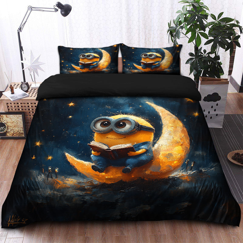 Minions Reading On A Moon Bedding Set Duvet Cover And 2 Pillowcases