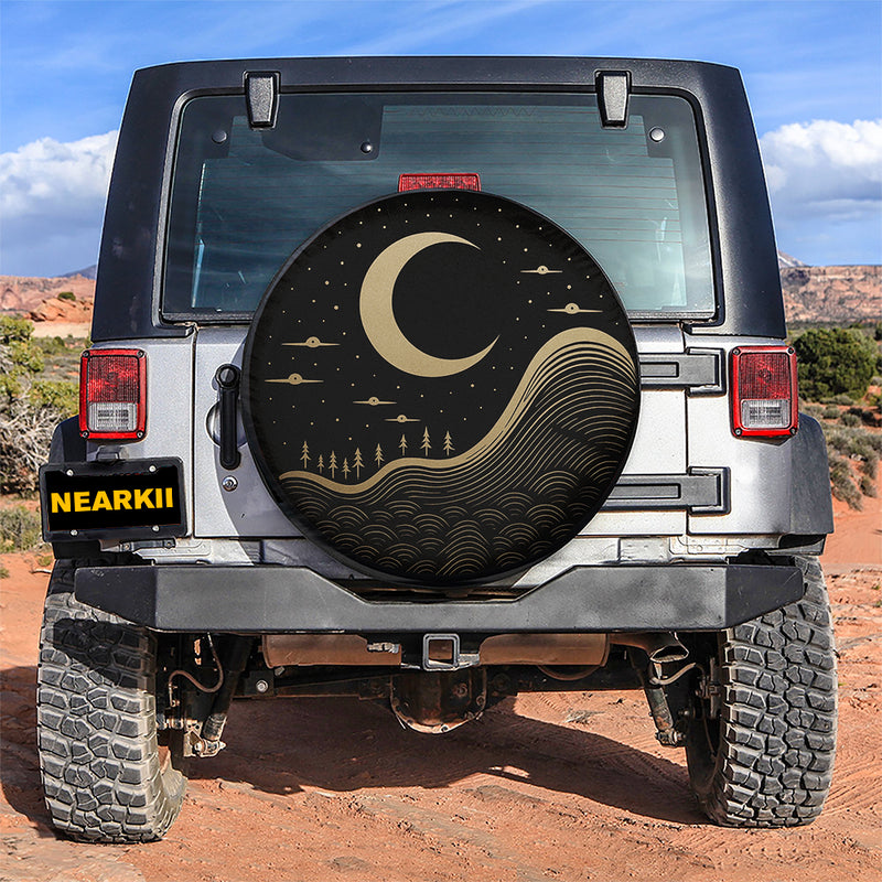 Golden Crescent Moon and Waves Minimalist Jeep Car Spare Tire Cover