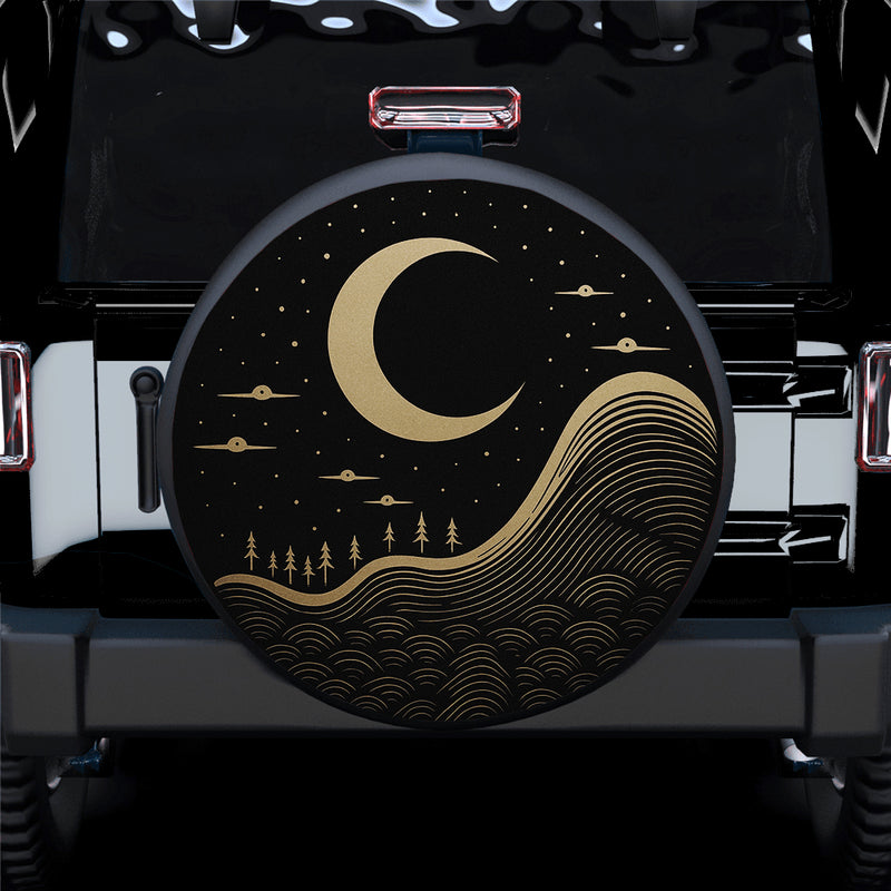 Golden Crescent Moon and Waves Minimalist Jeep Car Spare Tire Cover