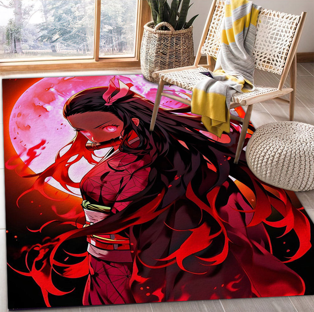 Demon Slayer Custom Rug Nezuko Moon Demon Slayer Anime Rectangular Area Rug