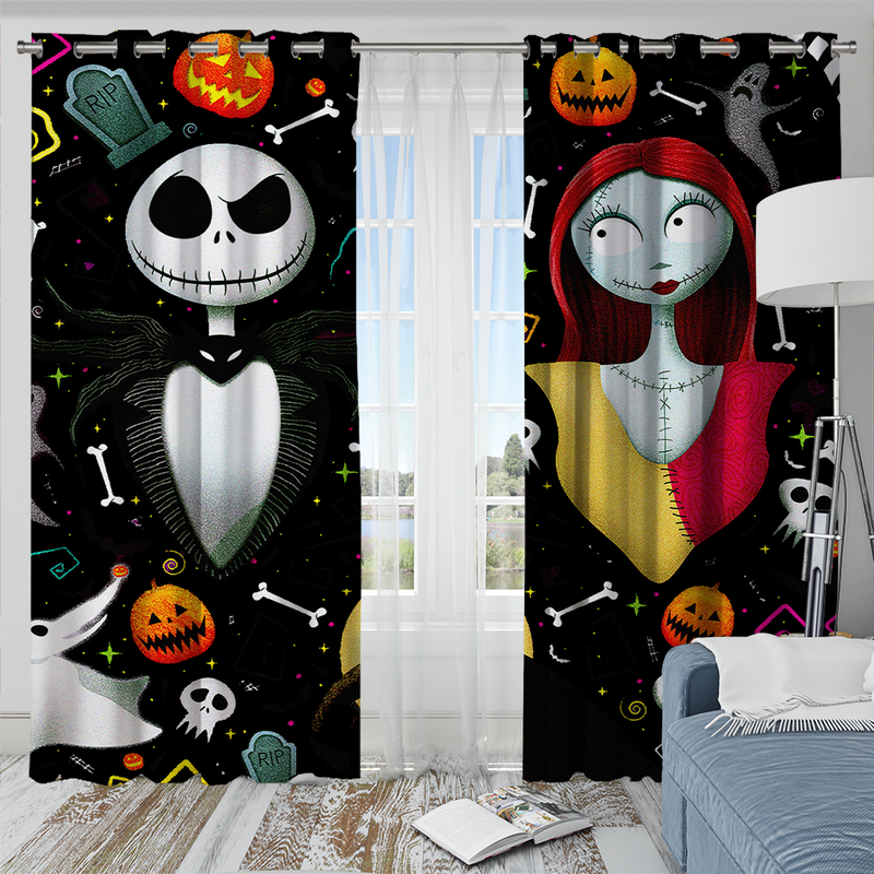 Nightmare Before Christmas Jack And Sally Black Window Curtain