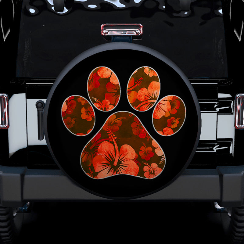 Orange Paw Print Hawaiian Hibiscus Car Spare Tire Covers Gift For Campers
