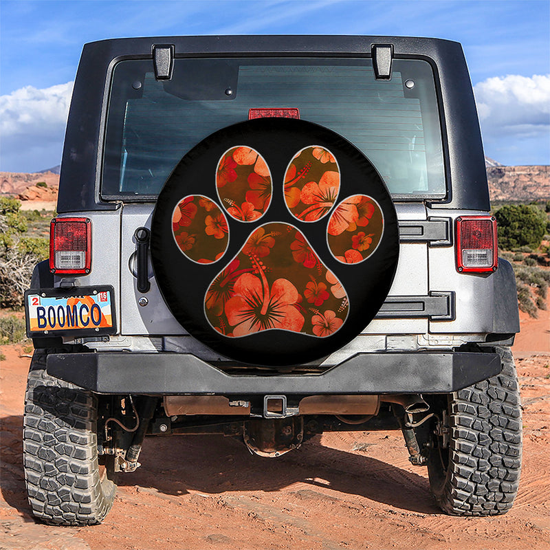 Orange Paw Print Hawaiian Hibiscus Car Spare Tire Covers Gift For Campers