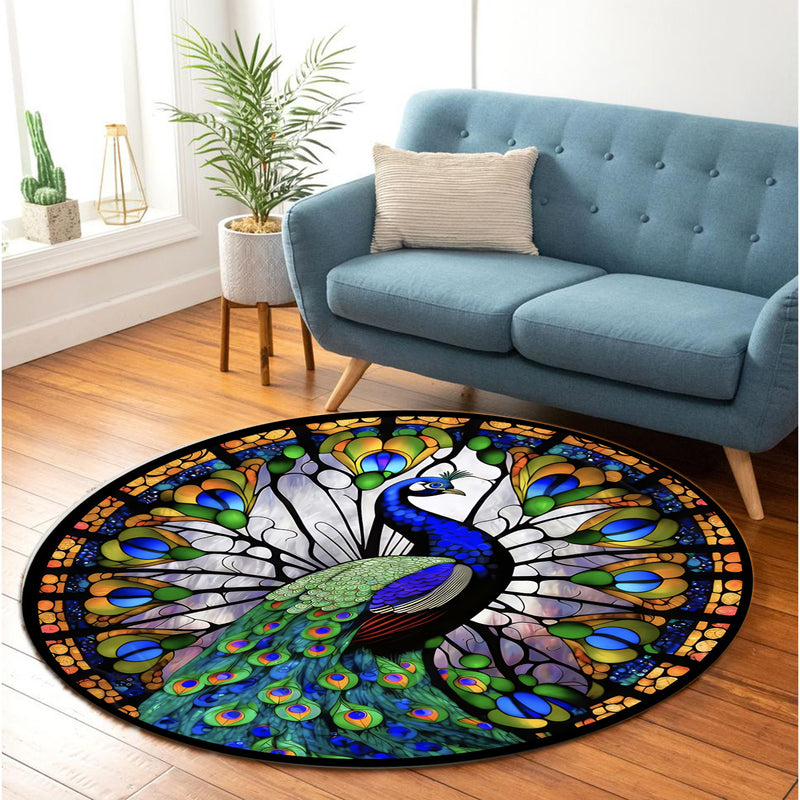Peacock Stained Glass Round Rug