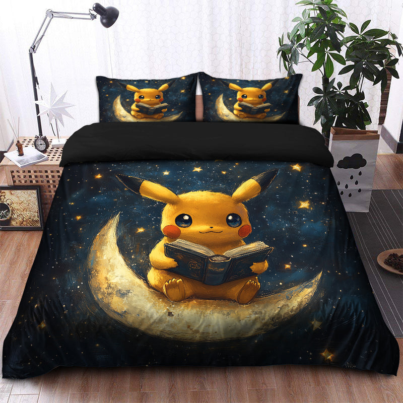 Pikachu Pokemon Reading On A Crescent Moon Bedding Set Duvet Cover And 2 Pillowcases