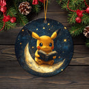 Pikachu Reading On A Crescent Moon Mica Circle Ornament