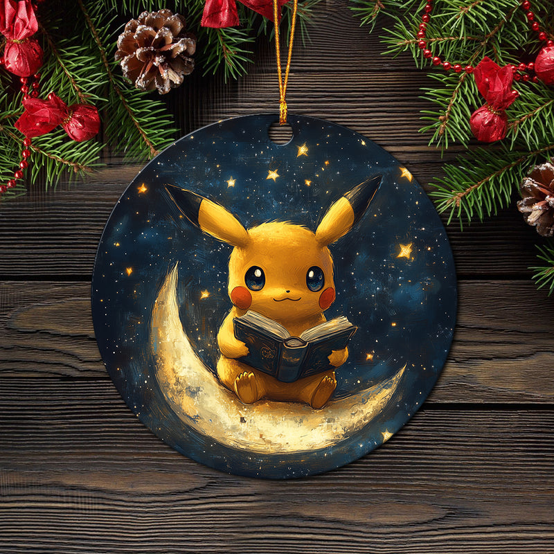 Pikachu Pokemon Reading On A Crescent Moon Mica Circle Ornament Perfect Gift For Holiday