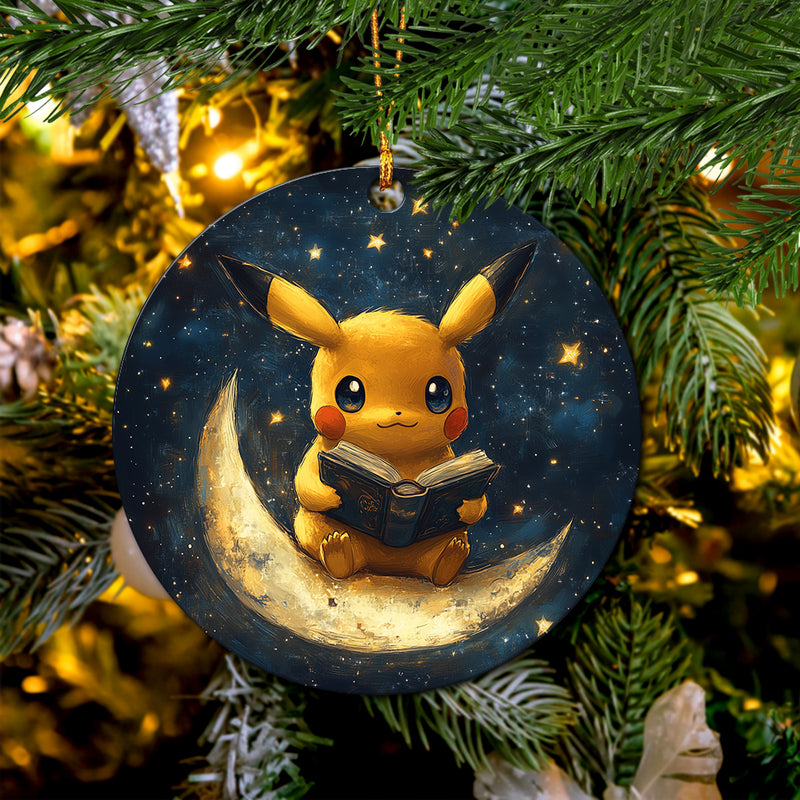 Pikachu Pokemon Reading On A Crescent Moon Mica Circle Ornament Perfect Gift For Holiday