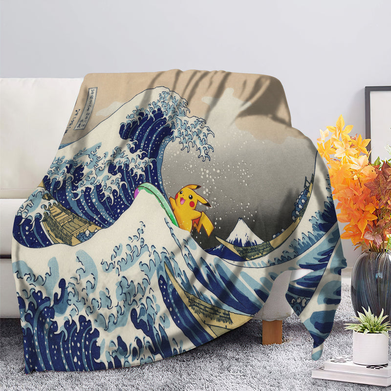 Pikachu Pokemon Surf The Great Wave Premium Blanket