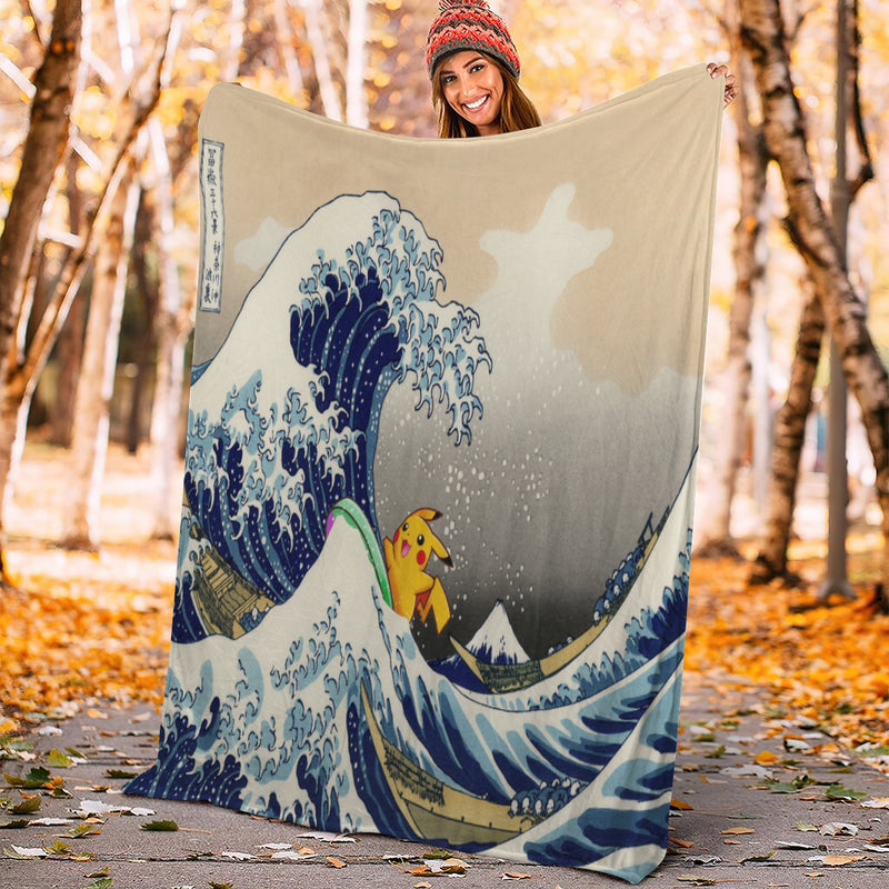 Pikachu Pokemon Surf The Great Wave Premium Blanket