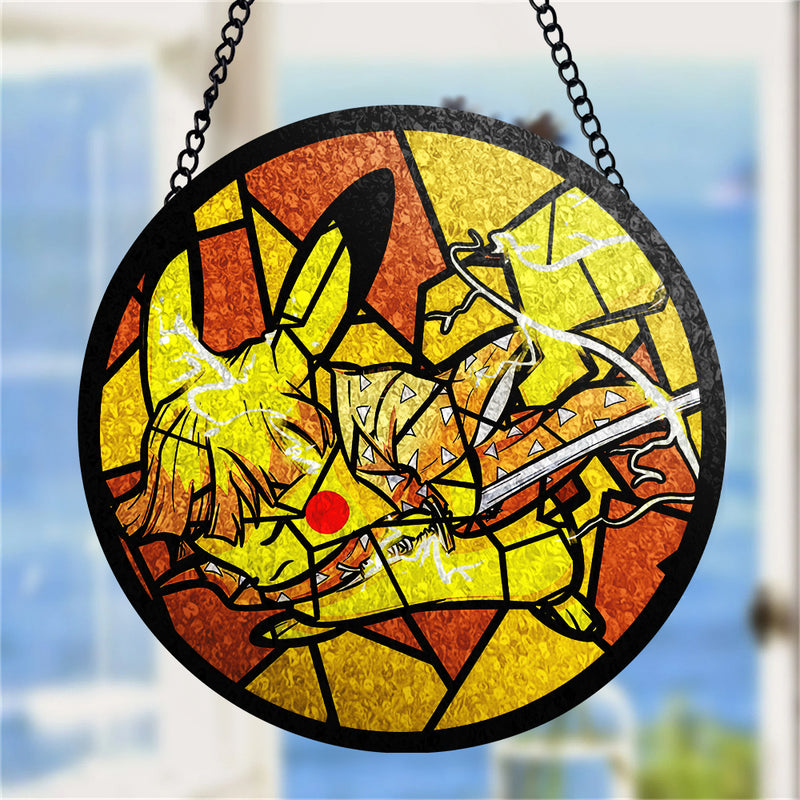 Pikachu Zenitsu Stained Glass Window Hanging Panel Suncatcher