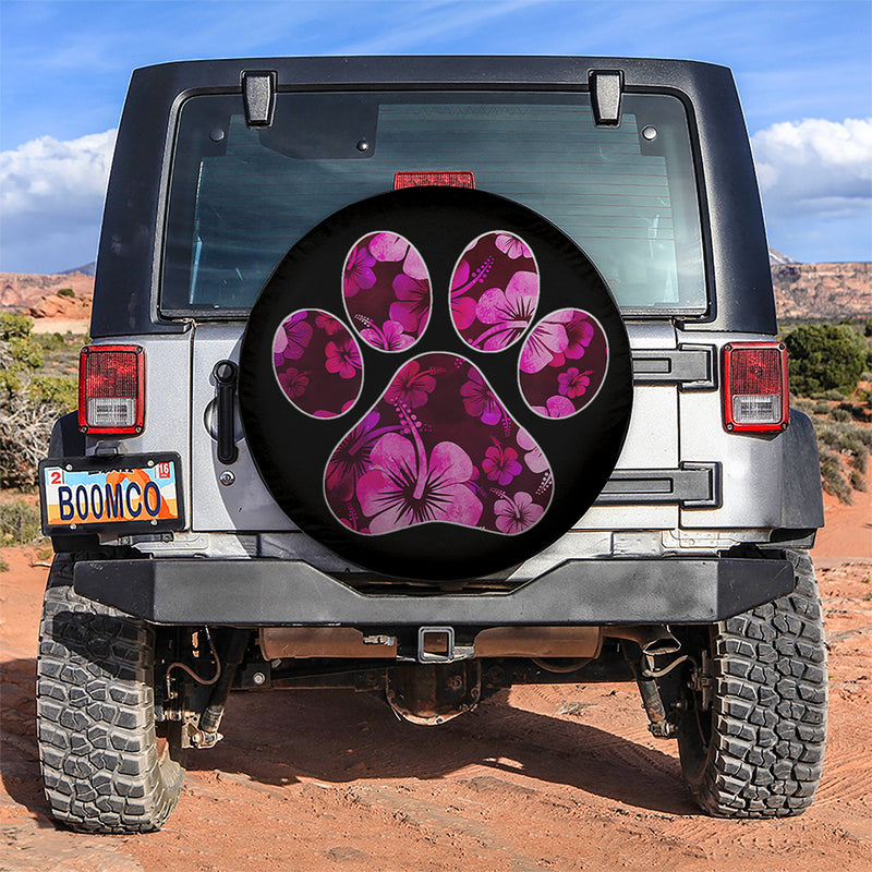 Pink Paw Print Hawaiian Hibiscus Car Spare Tire Covers Gift For Campers