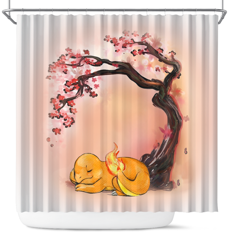 Fire Charmander Sleep Cherry Blossom Japan Shower Curtain