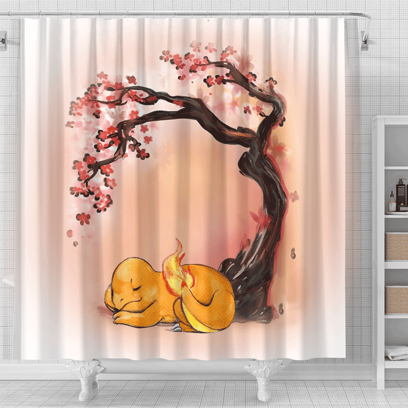 Pokemon Fire Charmander Sleep Cherry Blossom Japan Shower Curtain