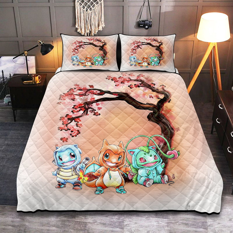 Pokemon Gen 1 Bulbasaur Charmander Squirtle Japan Style Cherry Blossom Quilt Bed Sets