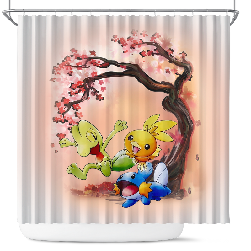 Pokemon Mudkip Treecko Torchic Cherry Blossom Japan Shower Curtain