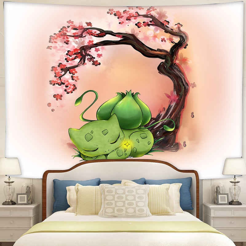 Pokemon Bulbasaur Sleep Cherry Blossom Tapestry Room Decor