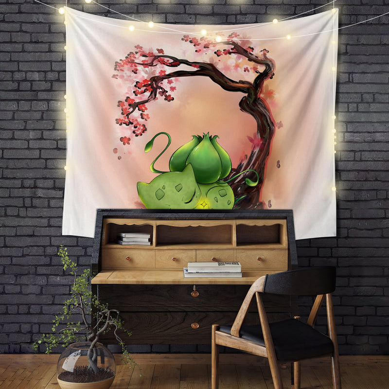 Pokemon Bulbasaur Sleep Cherry Blossom Tapestry Room Decor