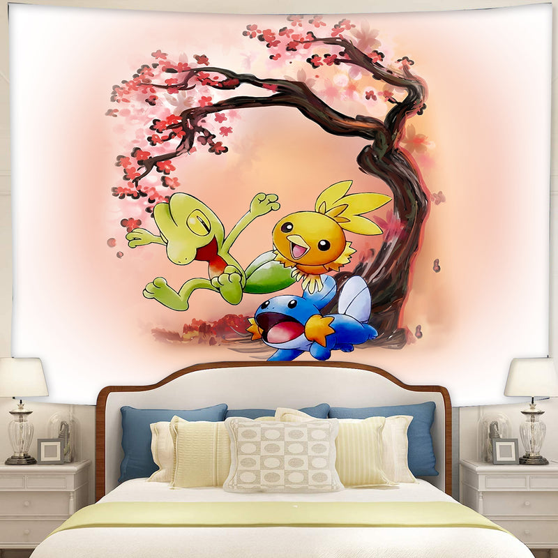 Pokemon Mudkip Treecko Torchic Cherry Blossom Tapestry Room Decor