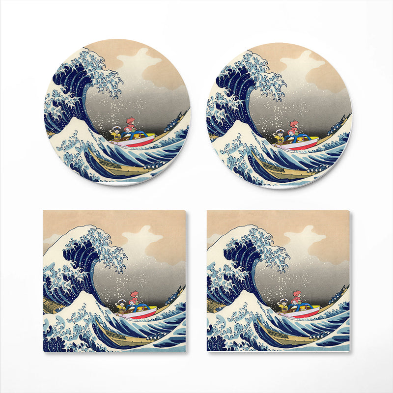 Ponyo On The Cliff By The Sea The Great Wave Japan Ceramic Drink Coasters