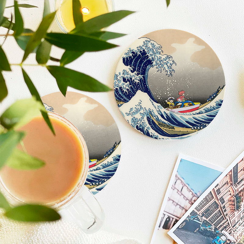 Ponyo On The Cliff By The Sea The Great Wave Japan Ceramic Drink Coasters