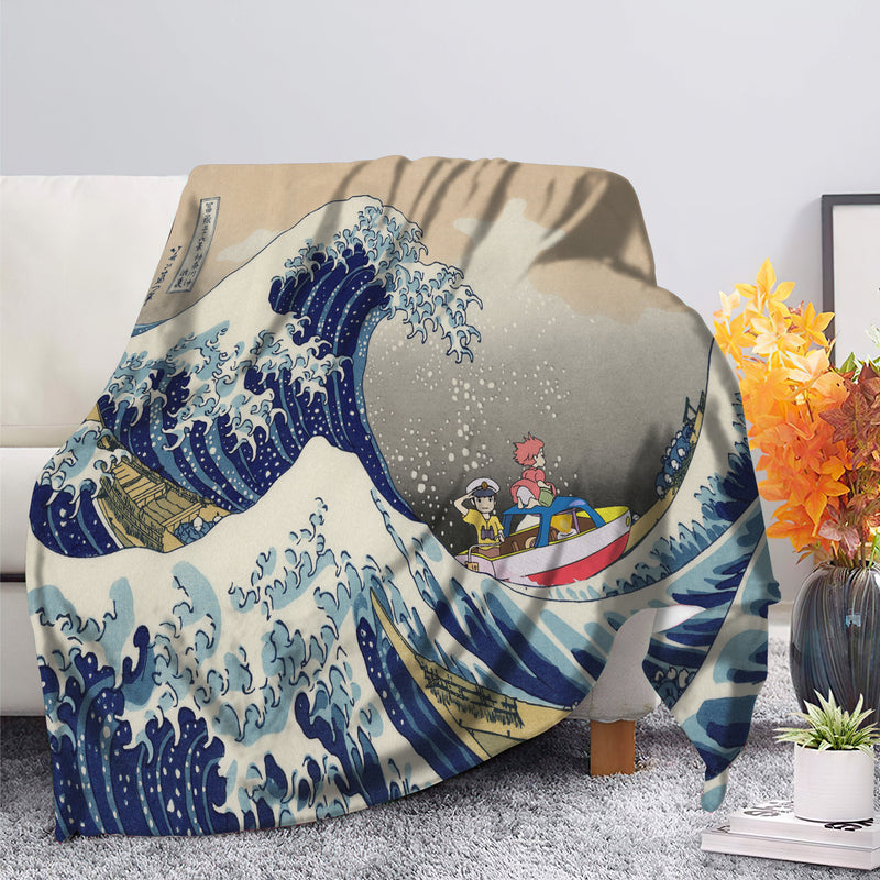 Ponyo On The Cliff By The Sea The Great Wave Premium Blanket