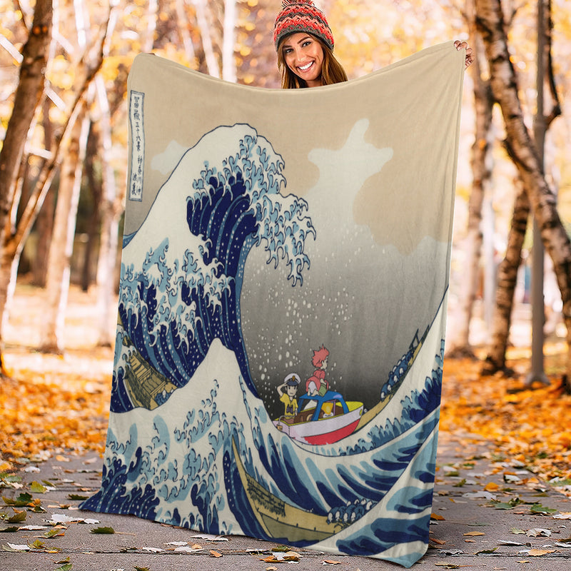 Ponyo On The Cliff By The Sea The Great Wave Premium Blanket