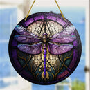 Purple Dragonfly Round Stained Glass Window Hanging Panel Suncatcher