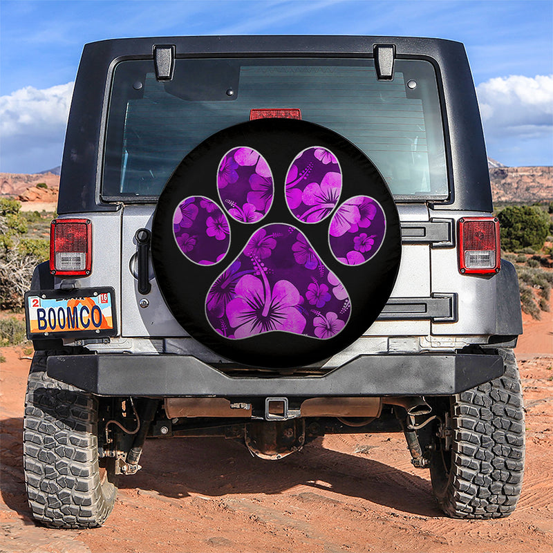 Purple Paw Print Hawaiian Hibiscus Car Spare Tire Covers Gift For Campers