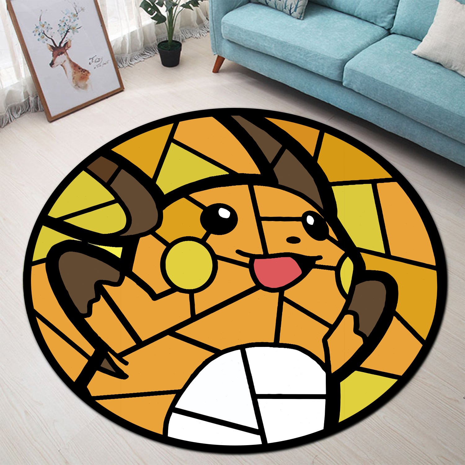 Raichu Pokemon Stained Glass Round Carpet Rug Bedroom Livingroom Home