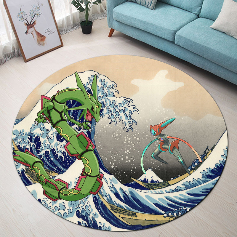 Rayquaza vs Dyoxic Pokemon The Great Wave Round Carpet Rug Bedroom Livingroom Home Decor