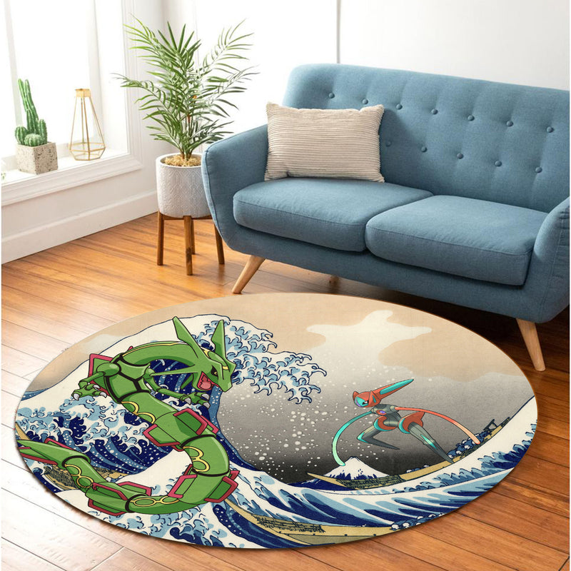Rayquaza vs Dyoxic Pokemon The Great Wave Round Carpet Rug Bedroom Livingroom Home Decor
