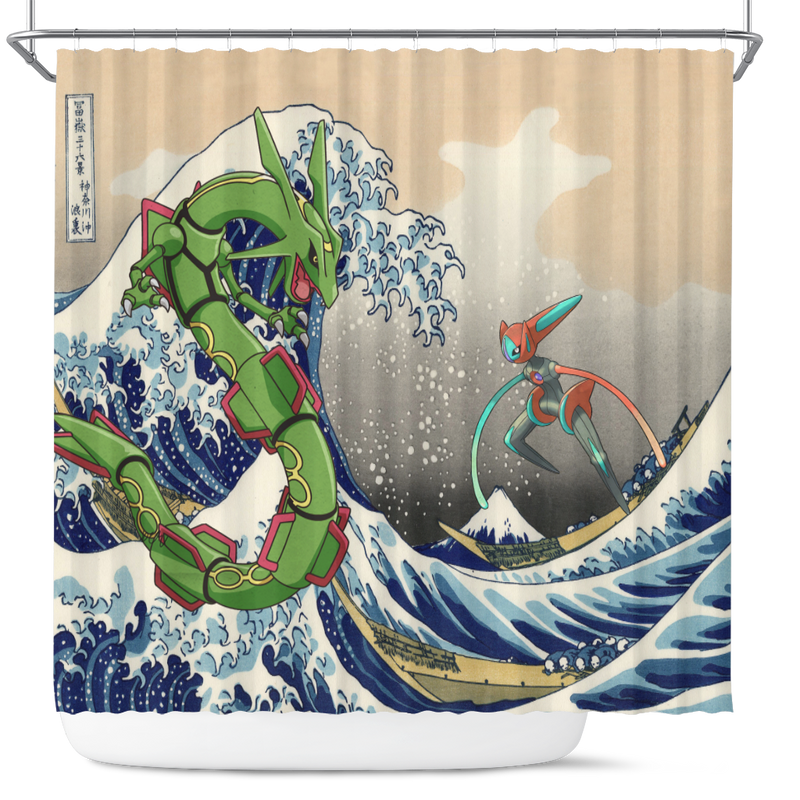 Rayquaza vs Dyoxic Pokemon The Great Wave Shower Curtain