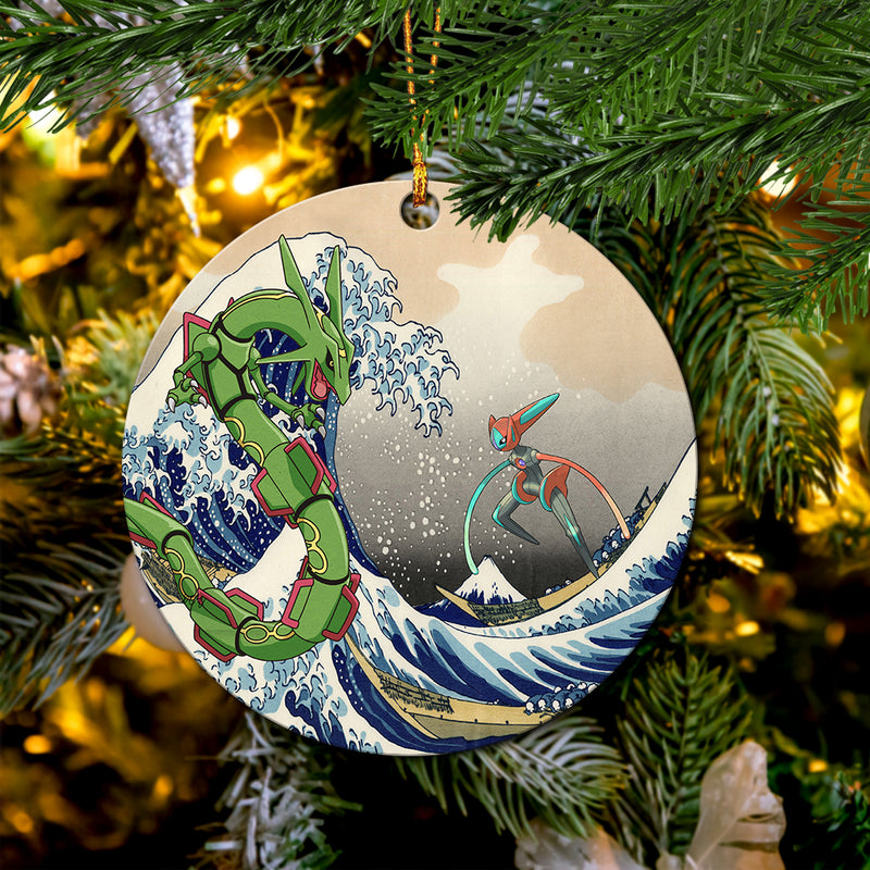 Rayquaza vs Dyoxic Pokemon The Great Wave Mica Ornament Perfect Gift For Holiday