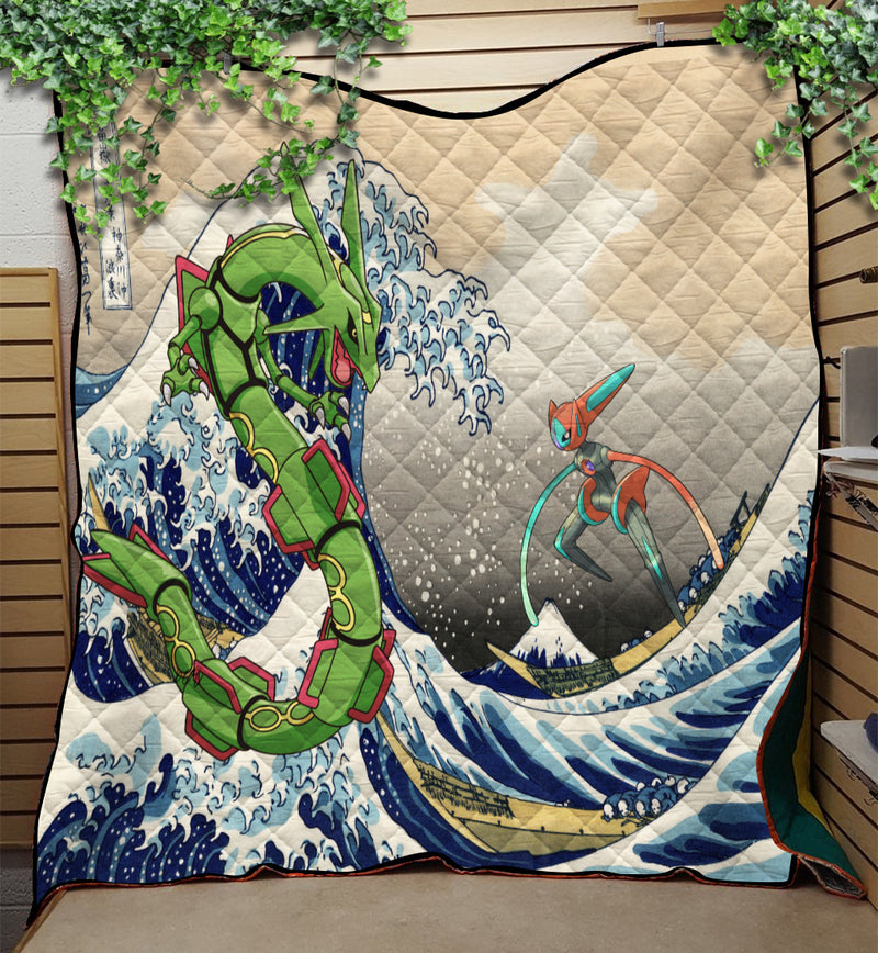 Rayquaza vs Dyoxic Pokemon The Great Wave Quilt Blanket