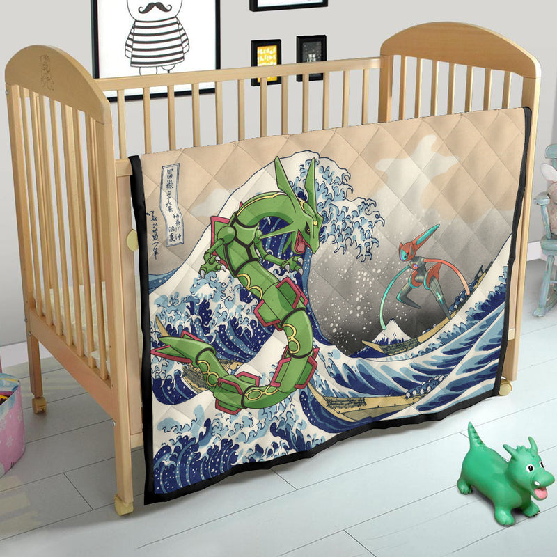 Rayquaza vs Dyoxic Pokemon The Great Wave Quilt Blanket