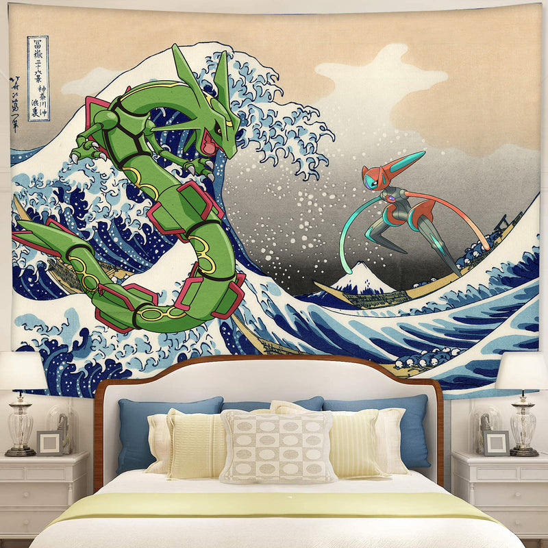 Rayquaza Vs Dyoxic Pokemon The Great Wave Tapestry Room Decor