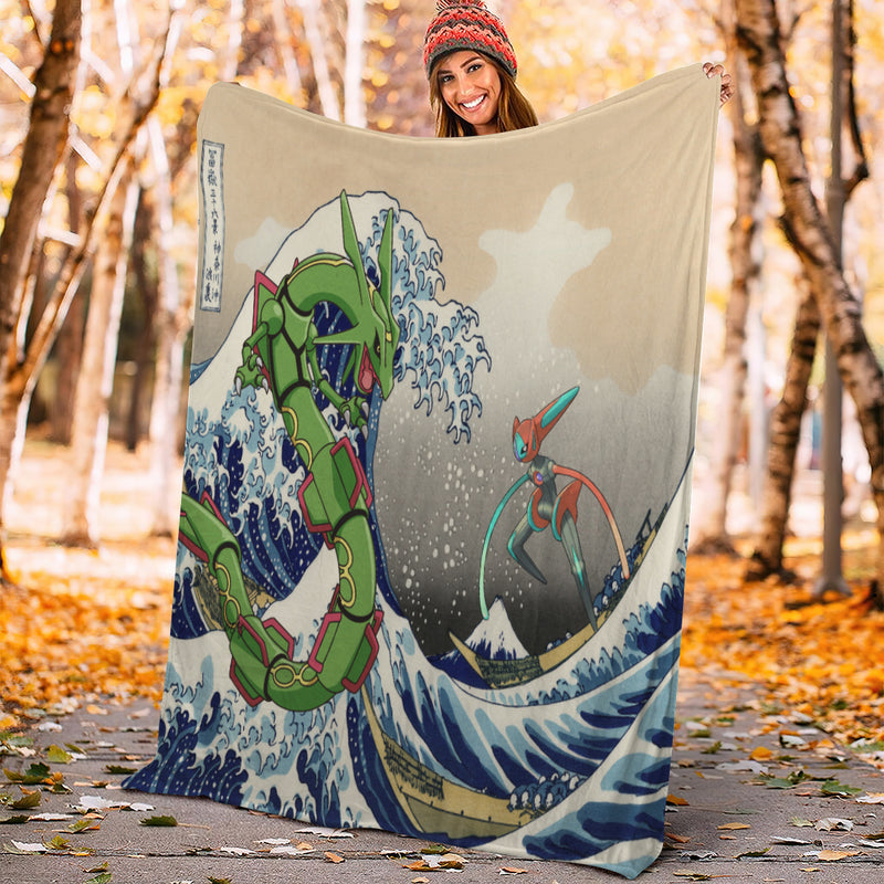 Rayquaza Vs Dyoxic Pokemon The Great Wave Premium Blanket