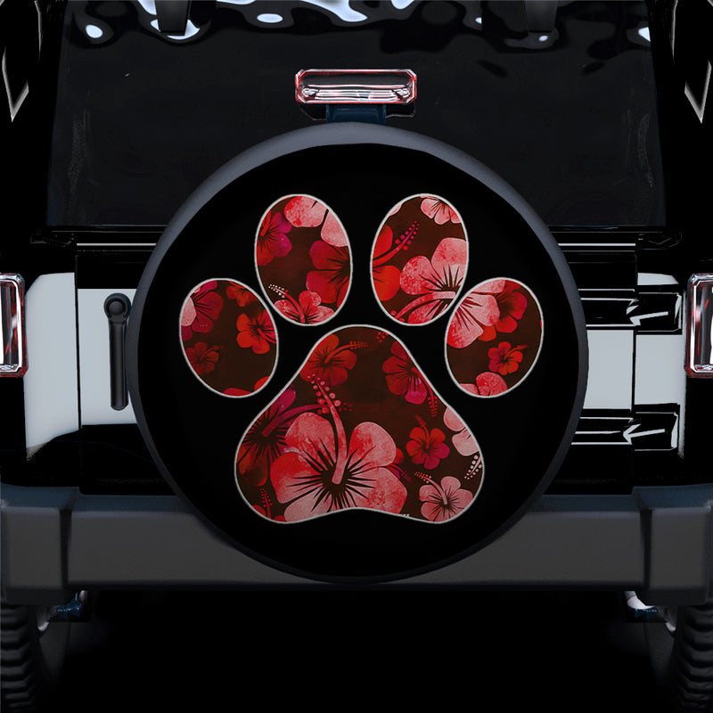 Red Paw Print Hawaiian Hibiscus Car Spare Tire Covers Gift For Campers
