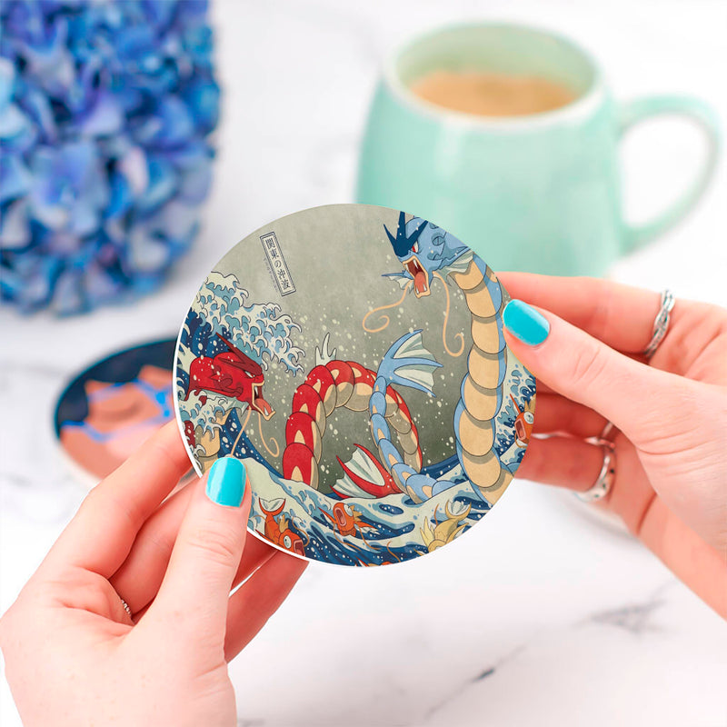 Red Vs Blue Gyarados Pokemon The Great Wave Japan Ceramic Drink Coasters