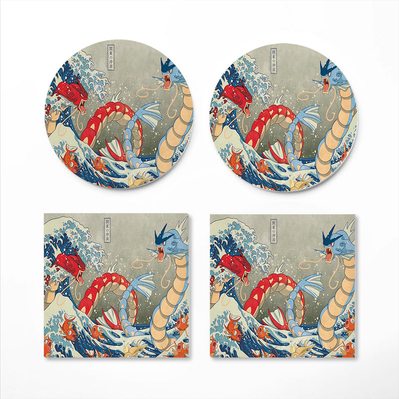 Red Vs Blue Gyarados Pokemon The Great Wave Japan Ceramic Drink Coasters