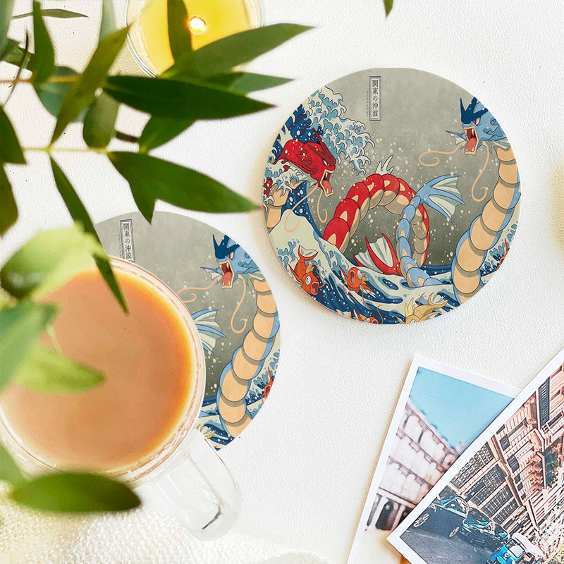 Red Vs Blue Gyarados Pokemon The Great Wave Japan Ceramic Drink Coasters