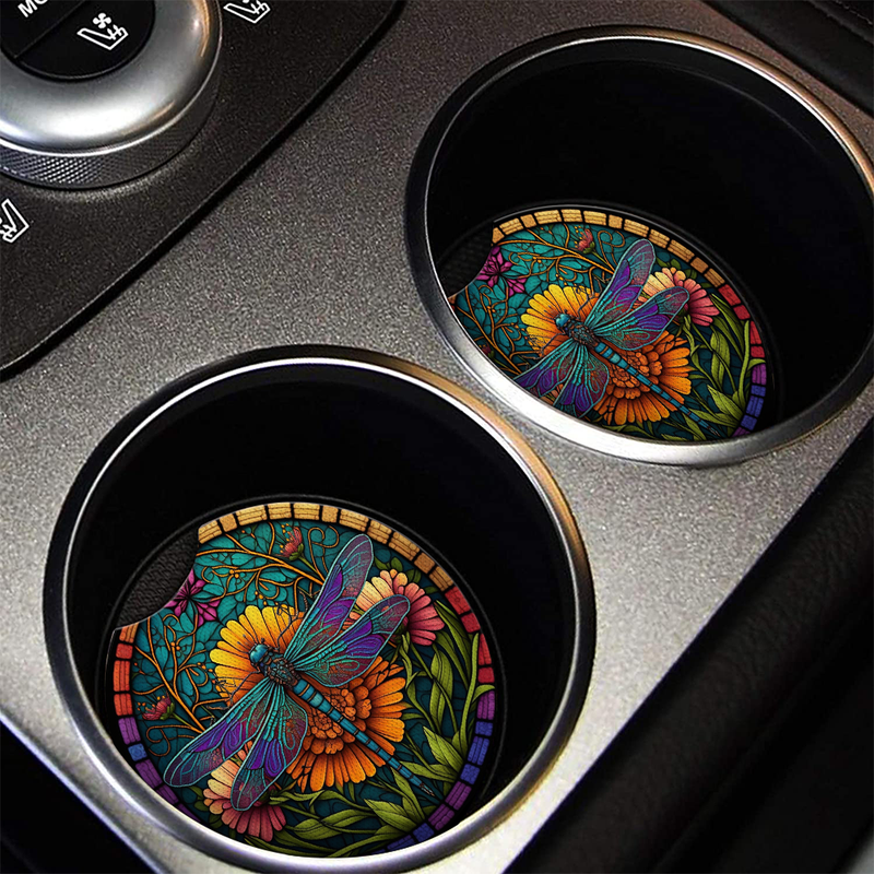 Stained Glass Of Colorful Dragonfly Car Coasters Auto Cup Holder