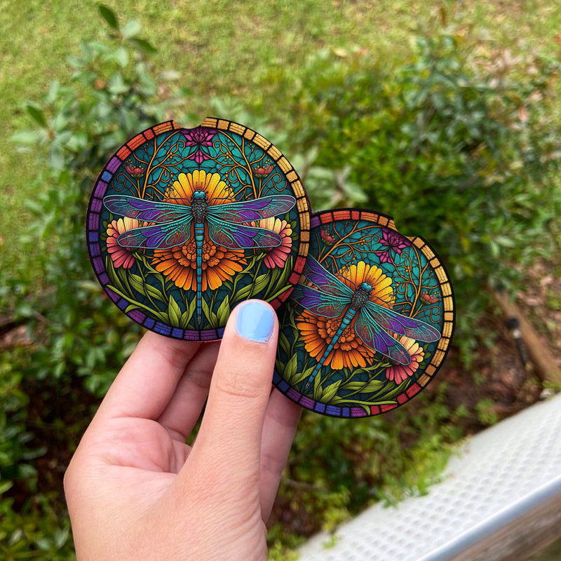 Stained Glass Of Colorful Dragonfly Car Coasters Auto Cup Holder