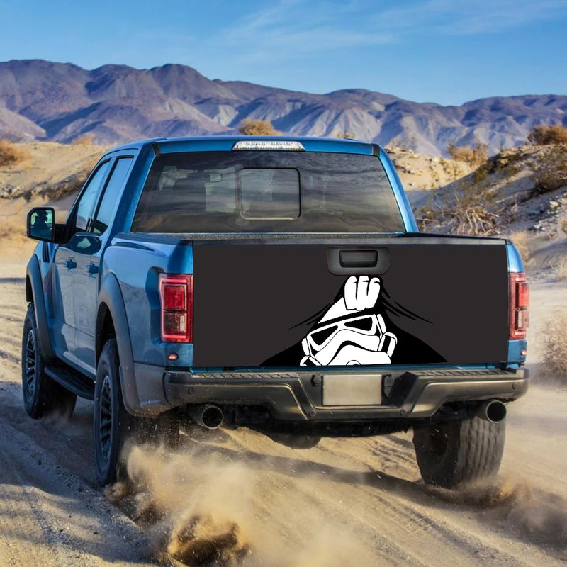 Stormtrooper Peek Under The Blanket Gray Truck Tailgate Decal Sticker