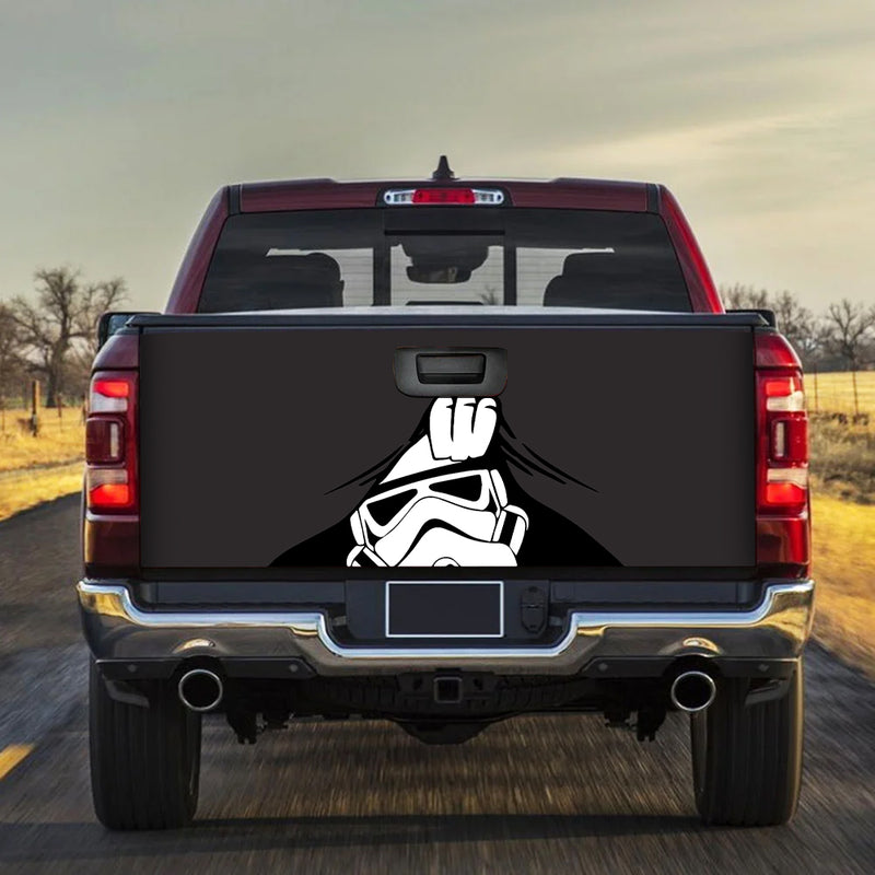 Stormtrooper Peek Under The Blanket Gray Truck Tailgate Decal Sticker