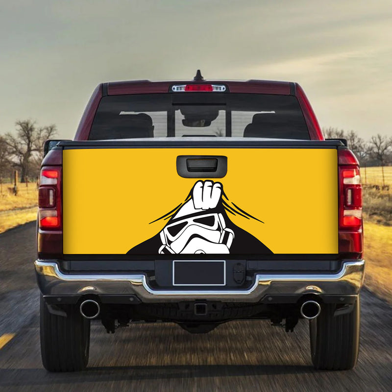 Stormtrooper Peek Under The Blanket Yellow Truck Tailgate Decal Sticker