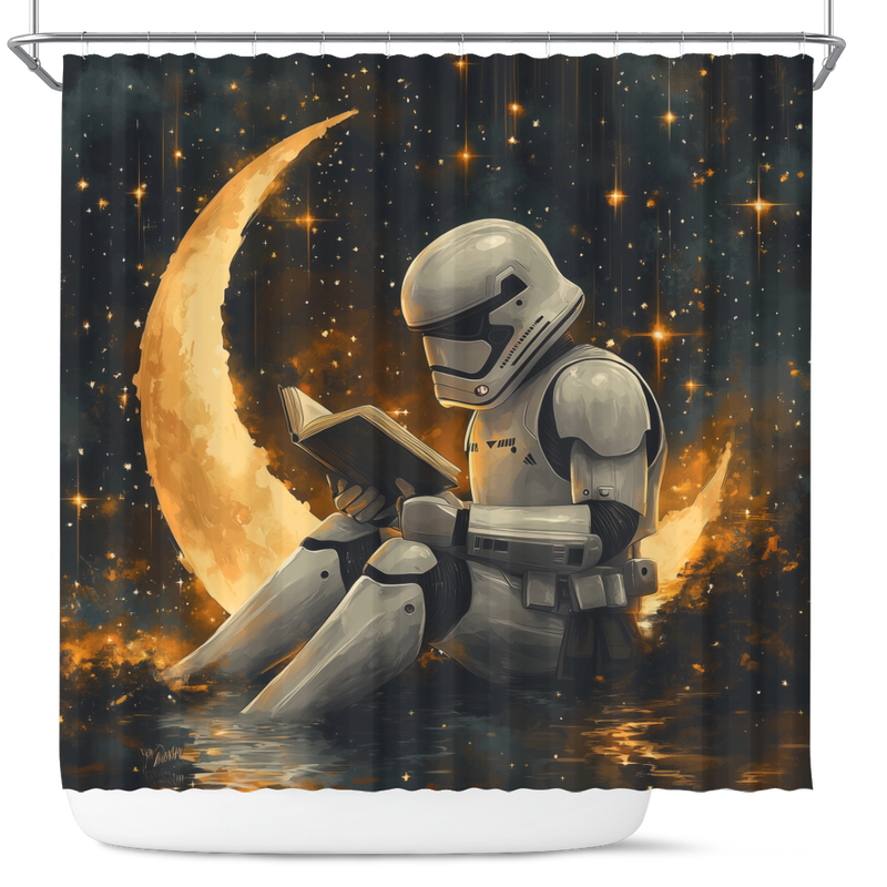 Stormtrooper Reading On A Crescent Moon Shower Curtain